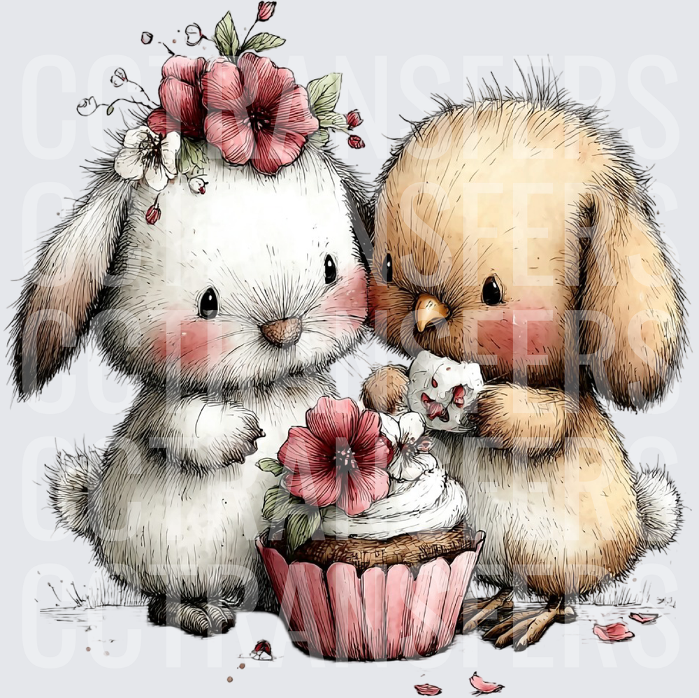 Fluffy Bunny and Chick Sharing Floral Cupcake (DTF)