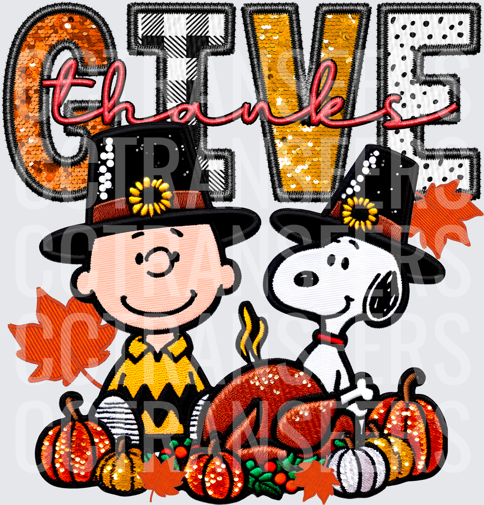 Give Thanks Cartoon Boy & Dog Pilgrim Thanksgiving (DTF)