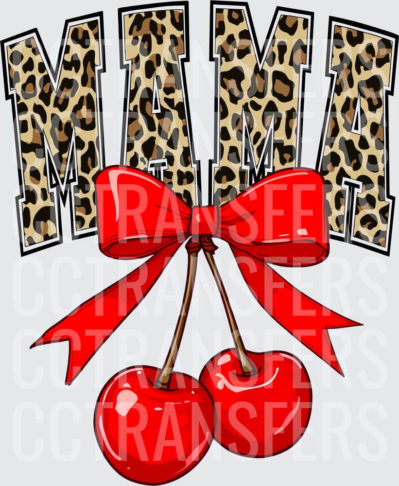 Mama Leopard Print Letters Red Bow Cherries (DTF)
