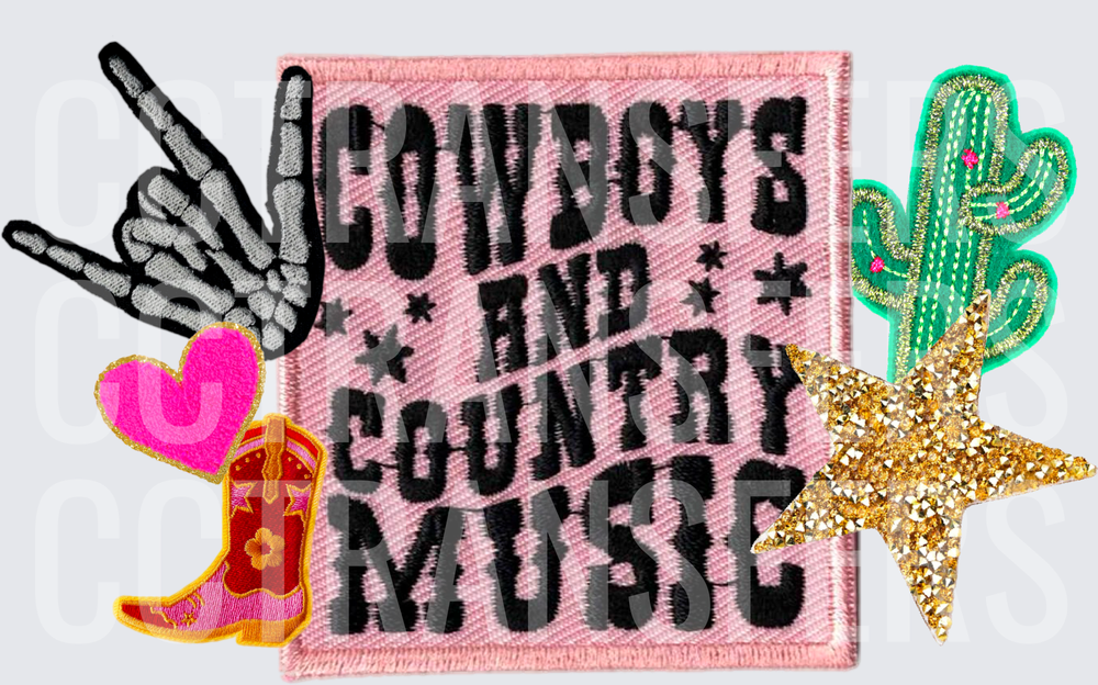 Cowboys and Country Music Patch Collage with Skeleton Hand (DTF)