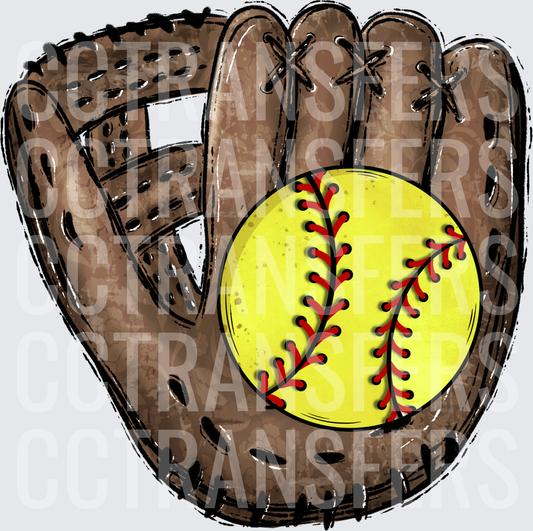 Brown Leather Softball Glove with Yellow Ball (DTF)