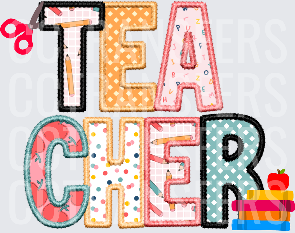Patchwork TEACHER Letters Apples Pencils Scissors Books (DTF)