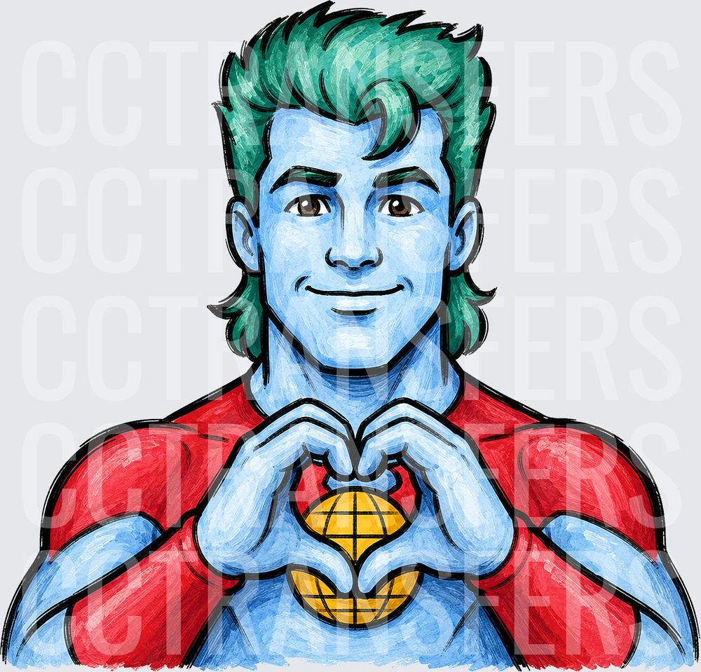 Blue Skin Green Hair Hero Heart Hands Globe Symbol (DTF)