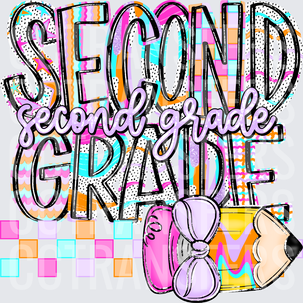 Second Grade Colorful Bold Typography with Pencil and Bow (DTF)