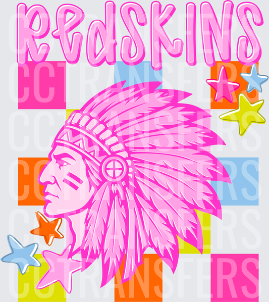 Redskins Pink Native Chief Mascot Colorful Checkered (DTF)