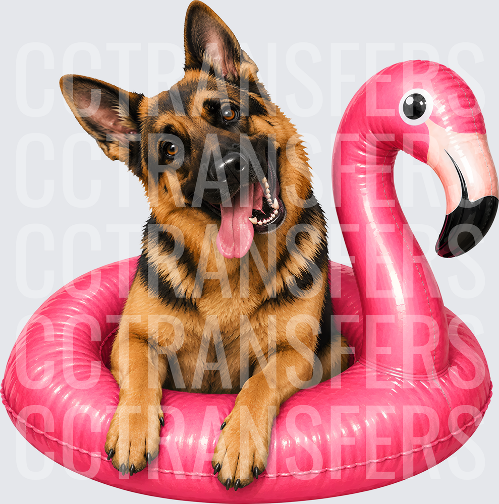 Happy German Shepherd in Pink Flamingo Pool Float (DTF)