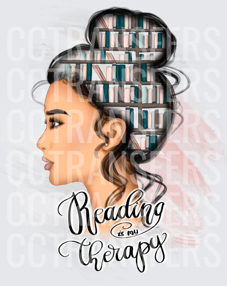 Reading Is My Therapy Woman Bookshelf Hair (DTF)