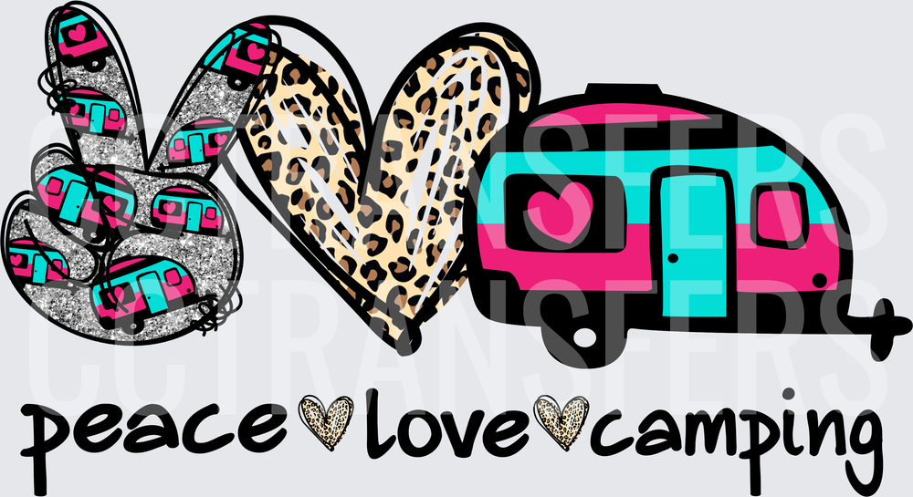 Peace Love Camping Leopard Heart Glitter Camper Trailer (DTF)