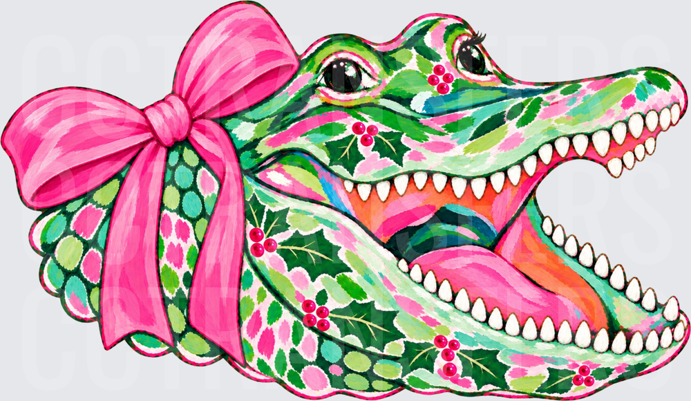 Preppy Holly Alligator with Pink Bow Open Mouth (DTF)