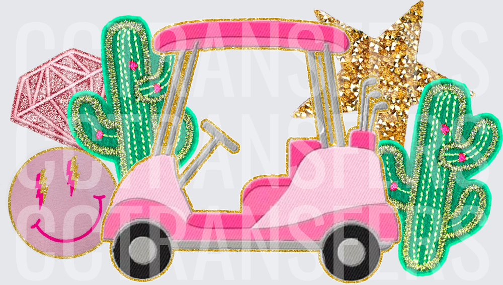 Pink Golf Cart Cactus Star Diamond Smiley Patch Collage (DTF)