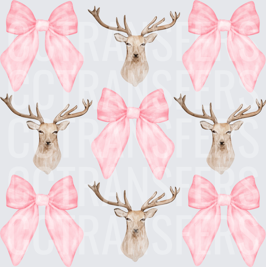 Watercolor Deer Heads and Pink Bows Pattern (DTF)