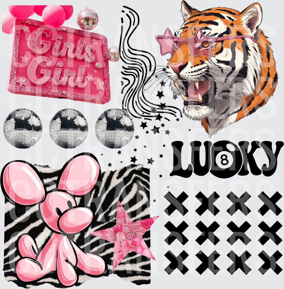 Girls Girl Lucky Tiger Disco Ball Pink Balloon Dog Zebra DTF