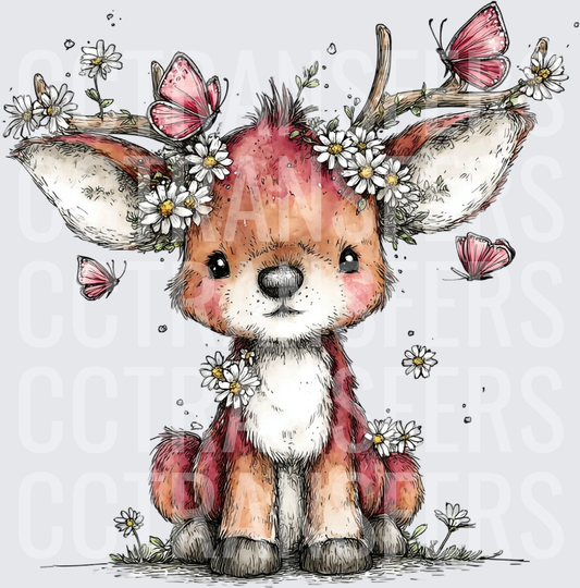 Whimsical Baby Deer with Daisies and Pink Butterflies (DTF)