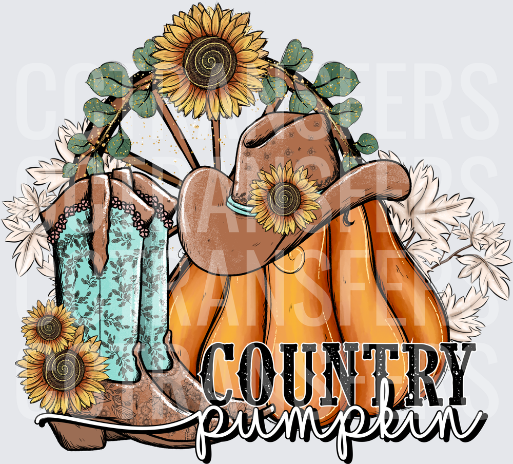 Country Pumpkin Cowboy Boots Hat Sunflowers Fall (DTF)