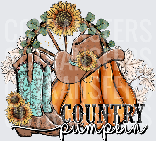 Country Pumpkin Cowboy Boots Hat Sunflowers Fall (DTF)