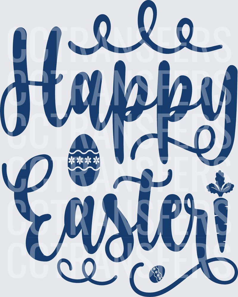 Happy Easter Navy Blue Script with Egg and Carrot (DTF)