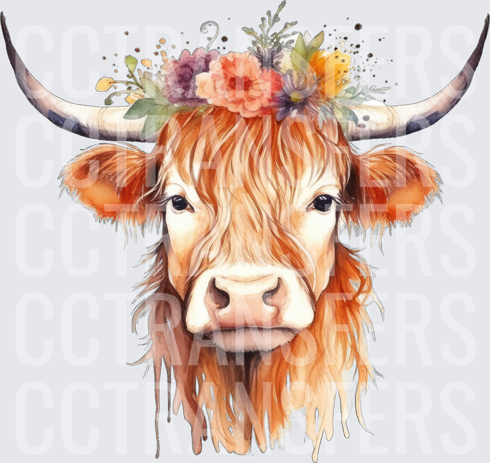 Watercolor Highland Cow Floral Crown Portrait (DTF)