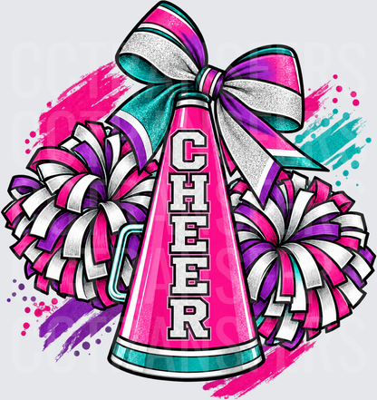 Cheer Megaphone Pom Poms Glitter Bow Pink Purple Teal (DTF)