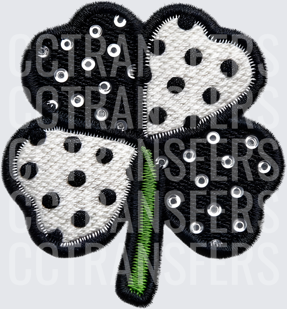 Black and White Polka Dot Four Leaf Clover with Rhinestones (DTF)