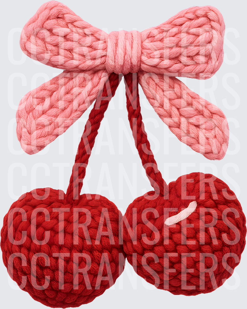 Crochet Knit Red Cherries with Pink Bow (DTF)