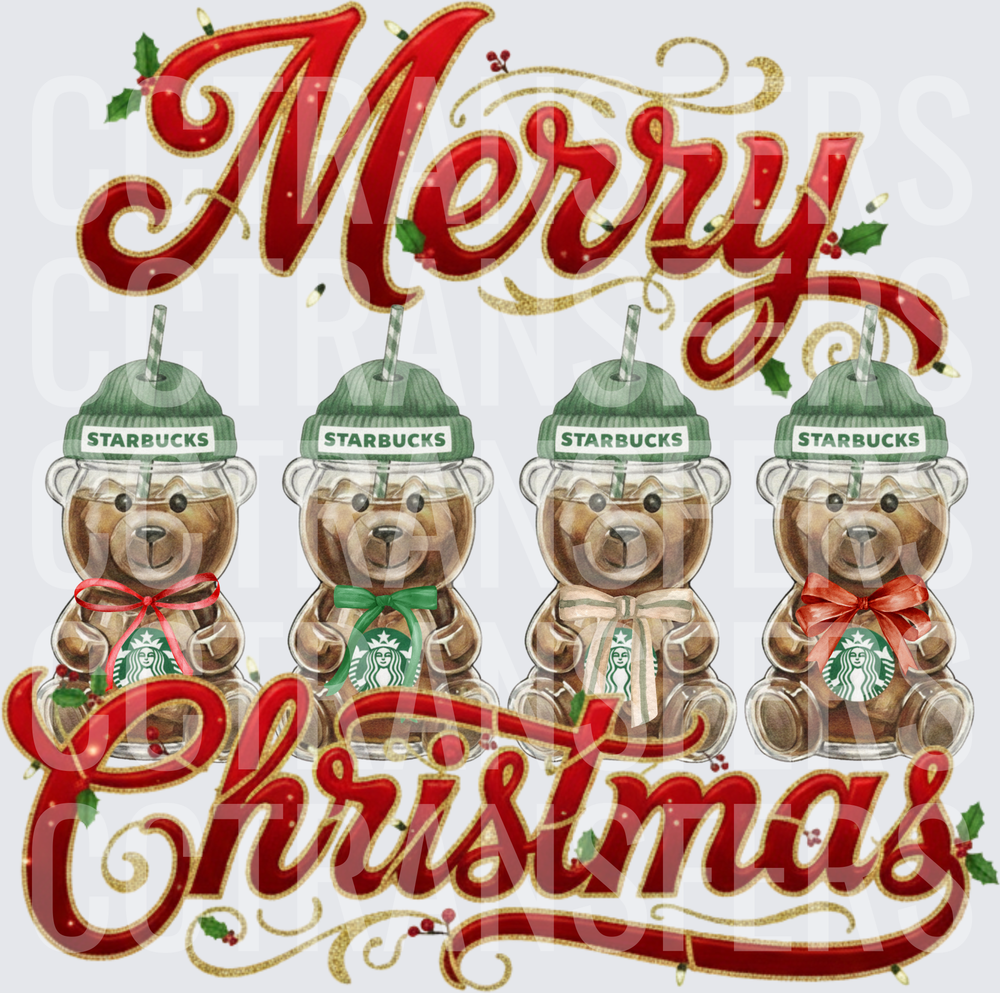 Merry Christmas Teddy Bear Coffee Cups Holiday Bows (DTF)