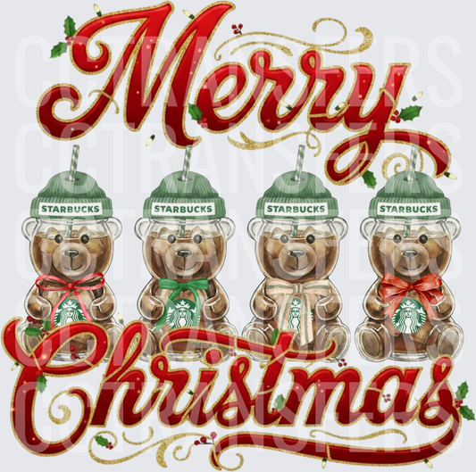 Merry Christmas Teddy Bear Coffee Cups Holiday Bows (DTF)