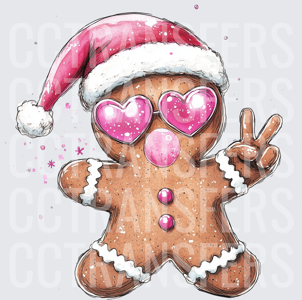 Sassy Gingerbread Cookie Pink Heart Sunglasses Santa Hat Peace Sign (DTF)