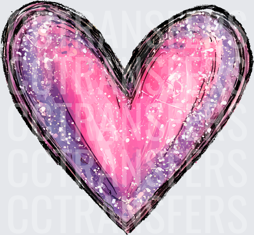 Glitter Pink Purple Heart Black Outline (DTF)