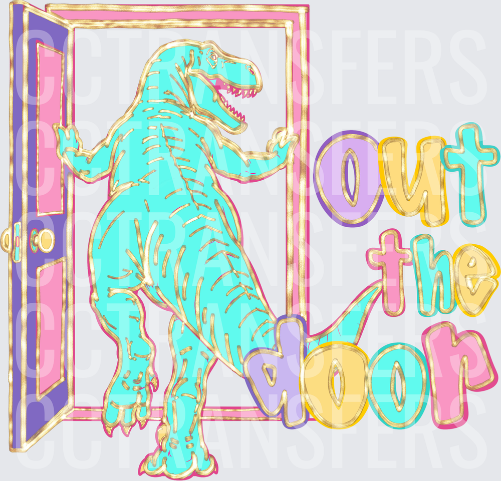 Teal T-Rex Bursting Through Door Out The Door (DTF)
