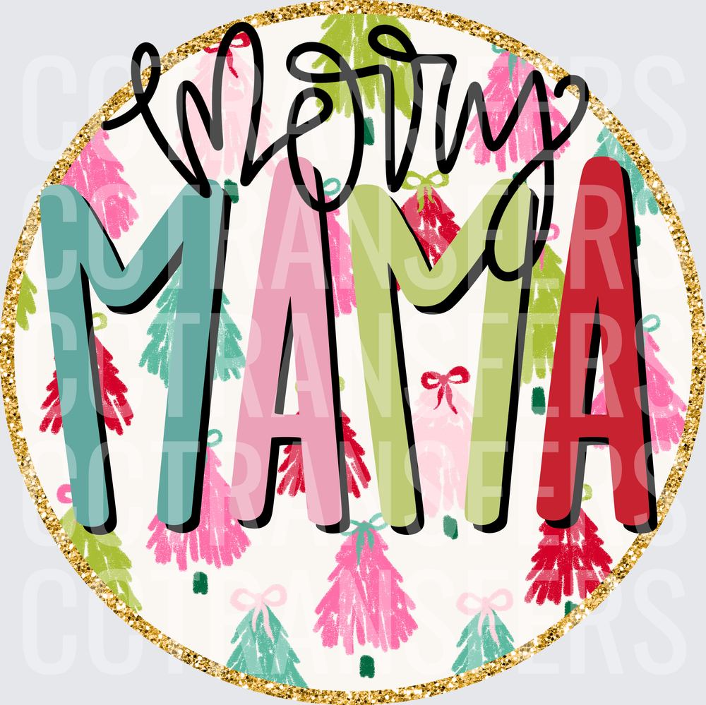 Merry Mama Colorful Christmas Trees Gold Glitter Circle (DTF)