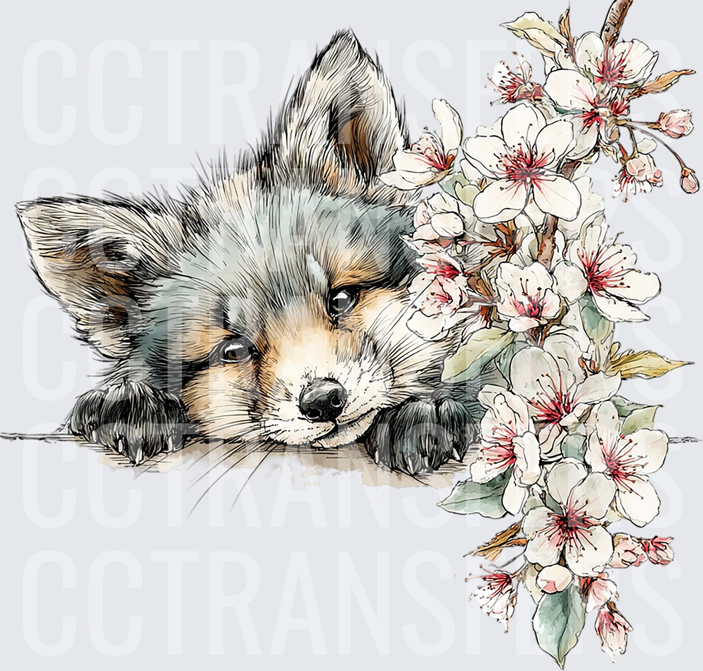 Sleepy Baby Fox Peeking Over Edge with Cherry Blossoms (DTF)