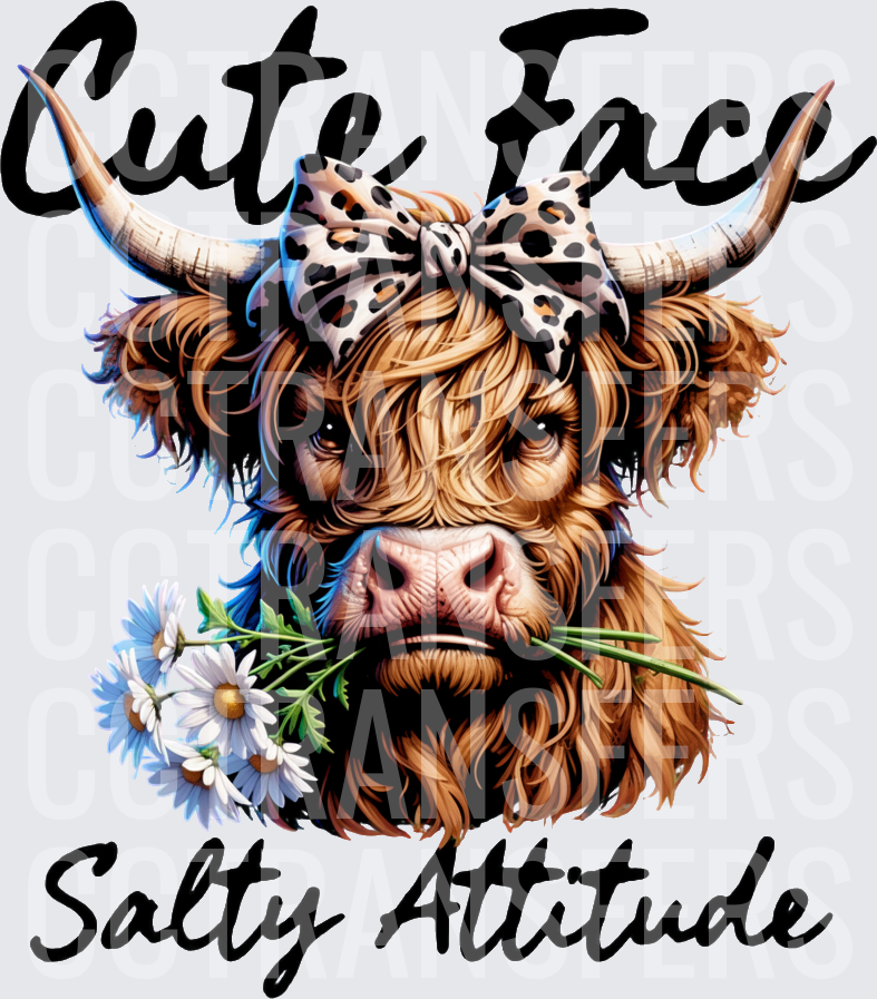 Cute Face Salty Attitude Highland Cow Leopard Bow Daisies (DTF)