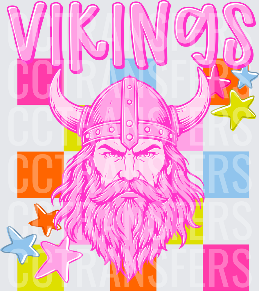 Vikings Pink Retro Checkered Warrior Mascot Stars (DTF)