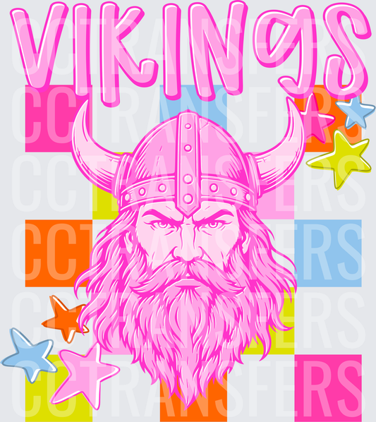 Vikings Pink Retro Checkered Warrior Mascot Stars (DTF)