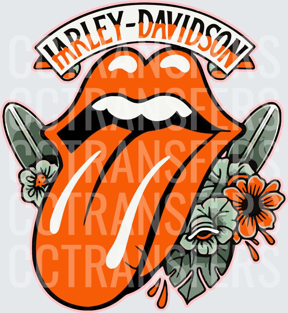 Harley-Davidson Lips and Tongue Floral Tattoo Design (DTF)