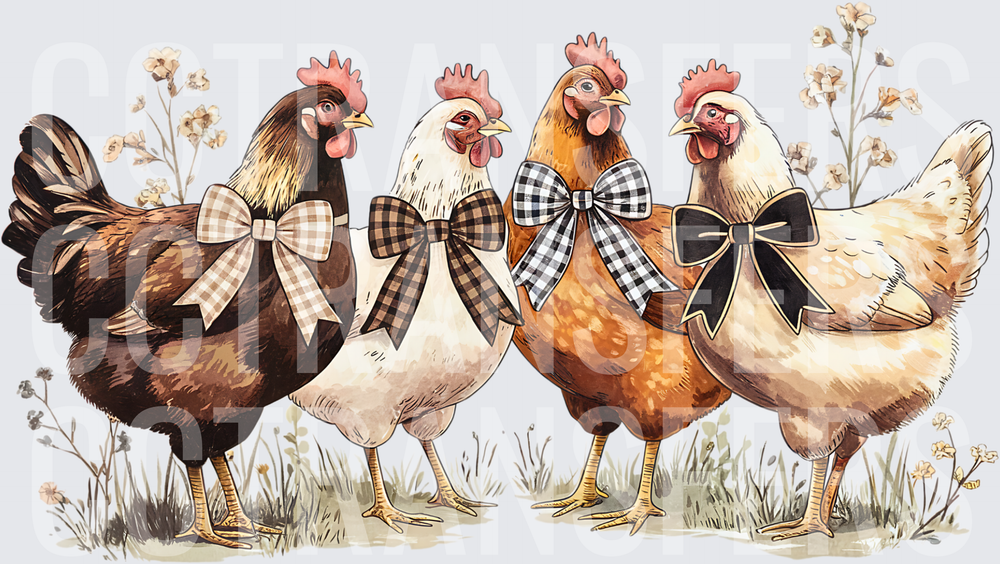 Four Fancy Hens with Plaid Bows Wildflower Garden (DTF)