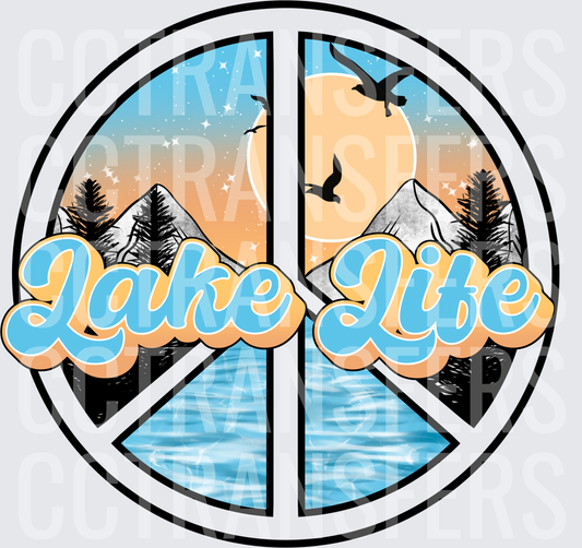Lake Life Peace Sign Mountain Sunset Scene (DTF)