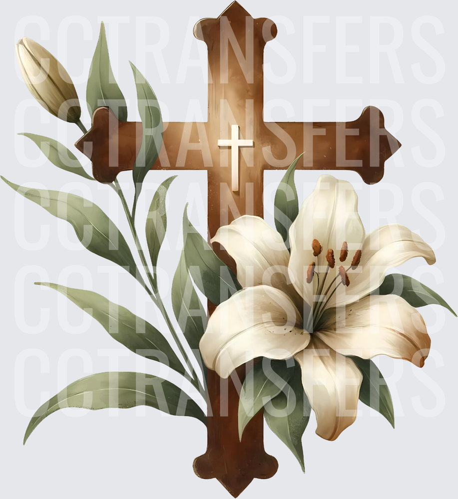 Wooden Cross with White Easter Lily and Bud Floral (DTF)