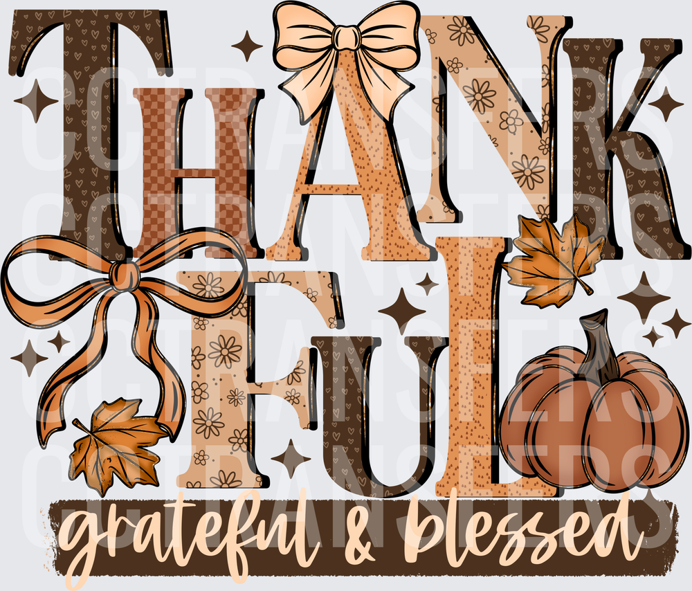 Thankful Grateful & Blessed Pumpkin Bow Fall Leaves (DTF)