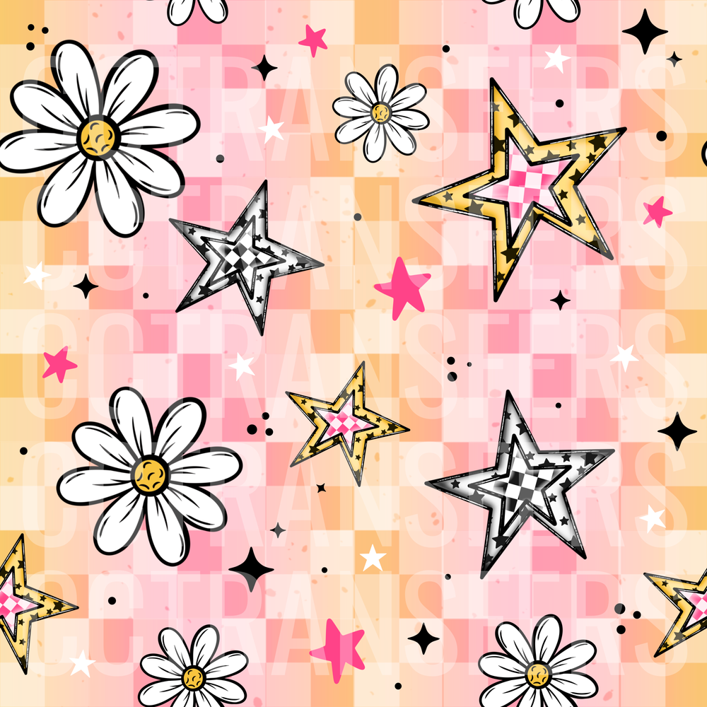 Retro Checkered Daisies Stars Pink Orange Pattern (DTF)