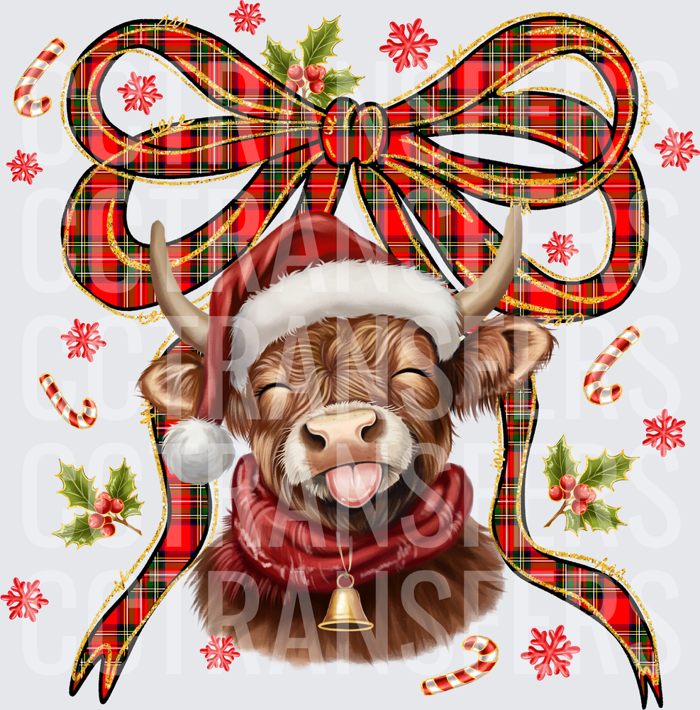 Happy Highland Cow Santa Hat Christmas Plaid Bow (DTF)