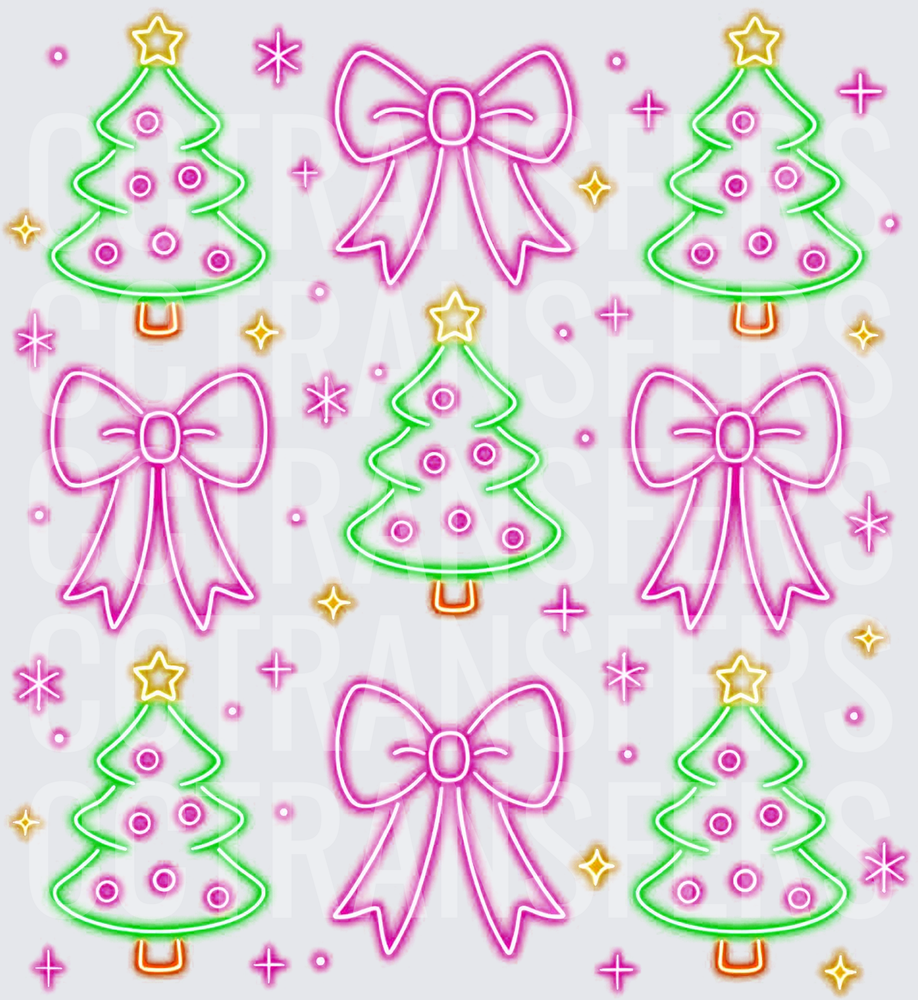 Neon Christmas Trees and Bows Sparkle Pattern (DTF)
