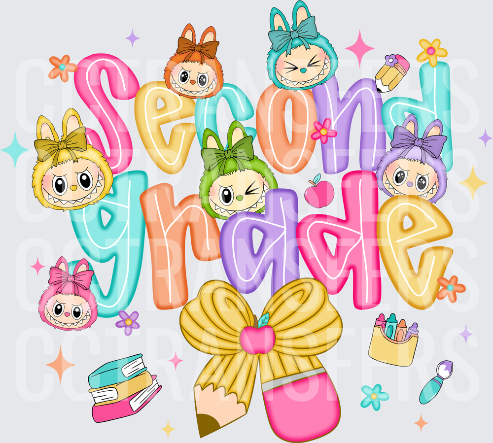 Second Grade Colorful Bow Pencil Cute Critter Characters (DTF)