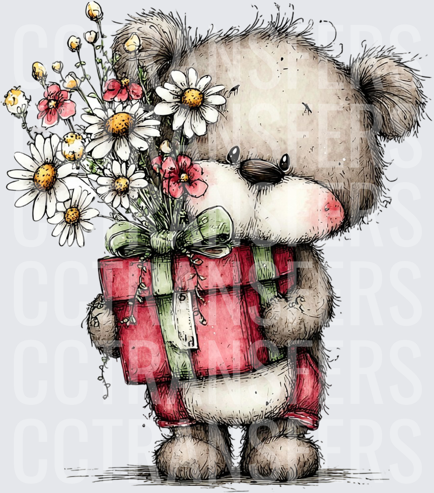 Fluffy Teddy Bear Holding Gift Box and Daisy Bouquet (DTF)