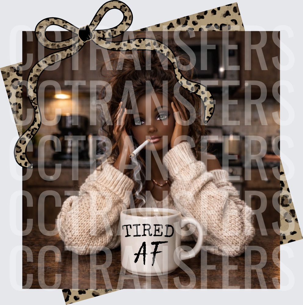 Tired AF Doll Girl Kitchen Coffee Mug Leopard Bow (DTF)