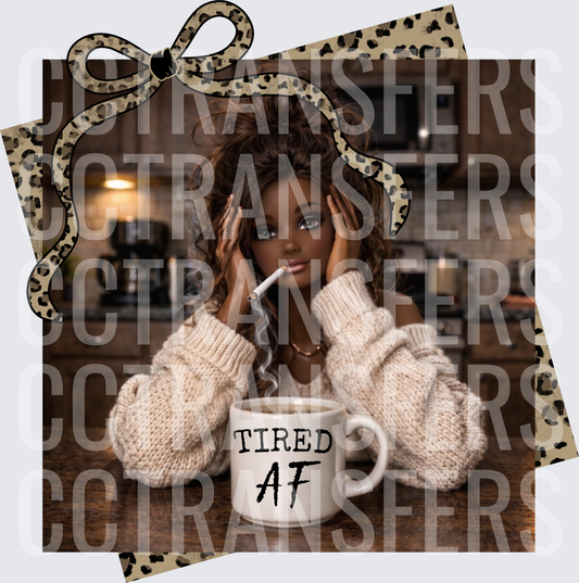 Tired AF Doll Girl Kitchen Coffee Mug Leopard Bow (DTF)