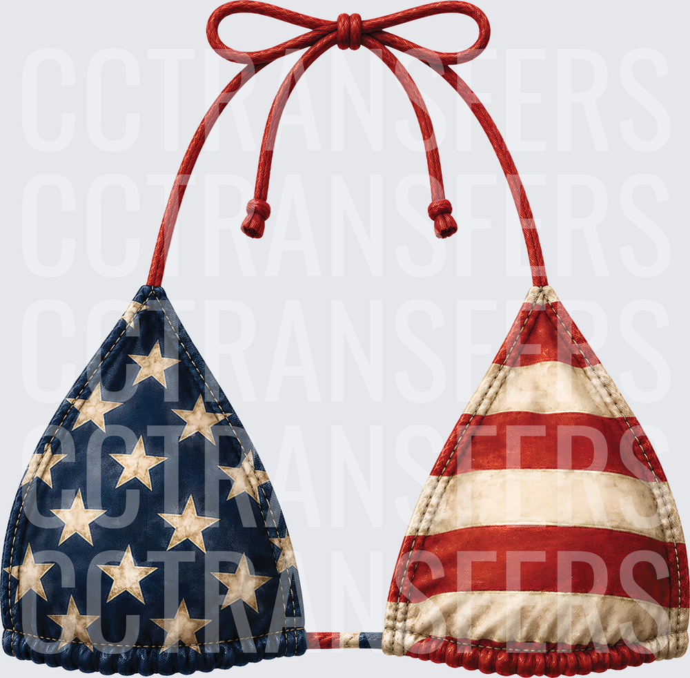 Vintage American Flag Patriotic Bikini Top with Red Rope Tie (DTF)