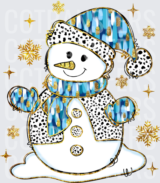 Glam Snowman Dalmatian Print Blue Gold Snowflakes (DTF)