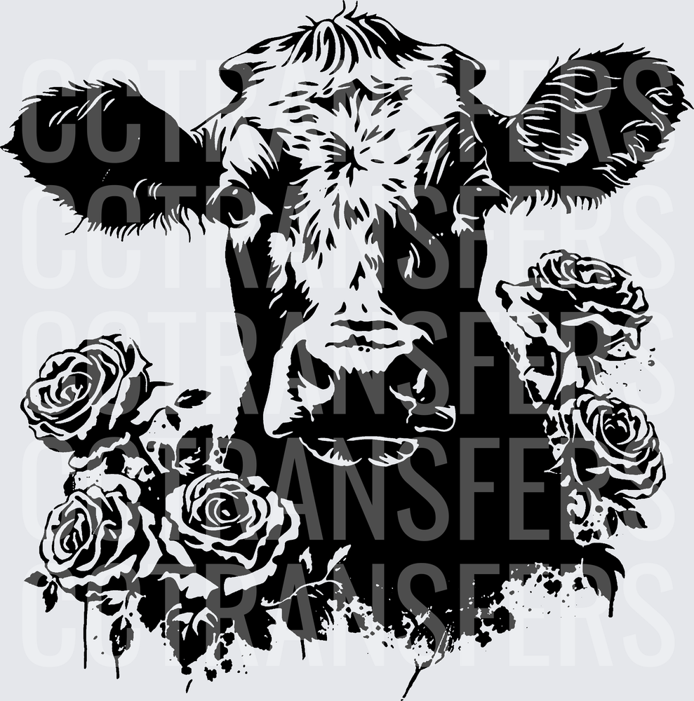 Black and White Cow Portrait with Roses Ink Splash (DTF)