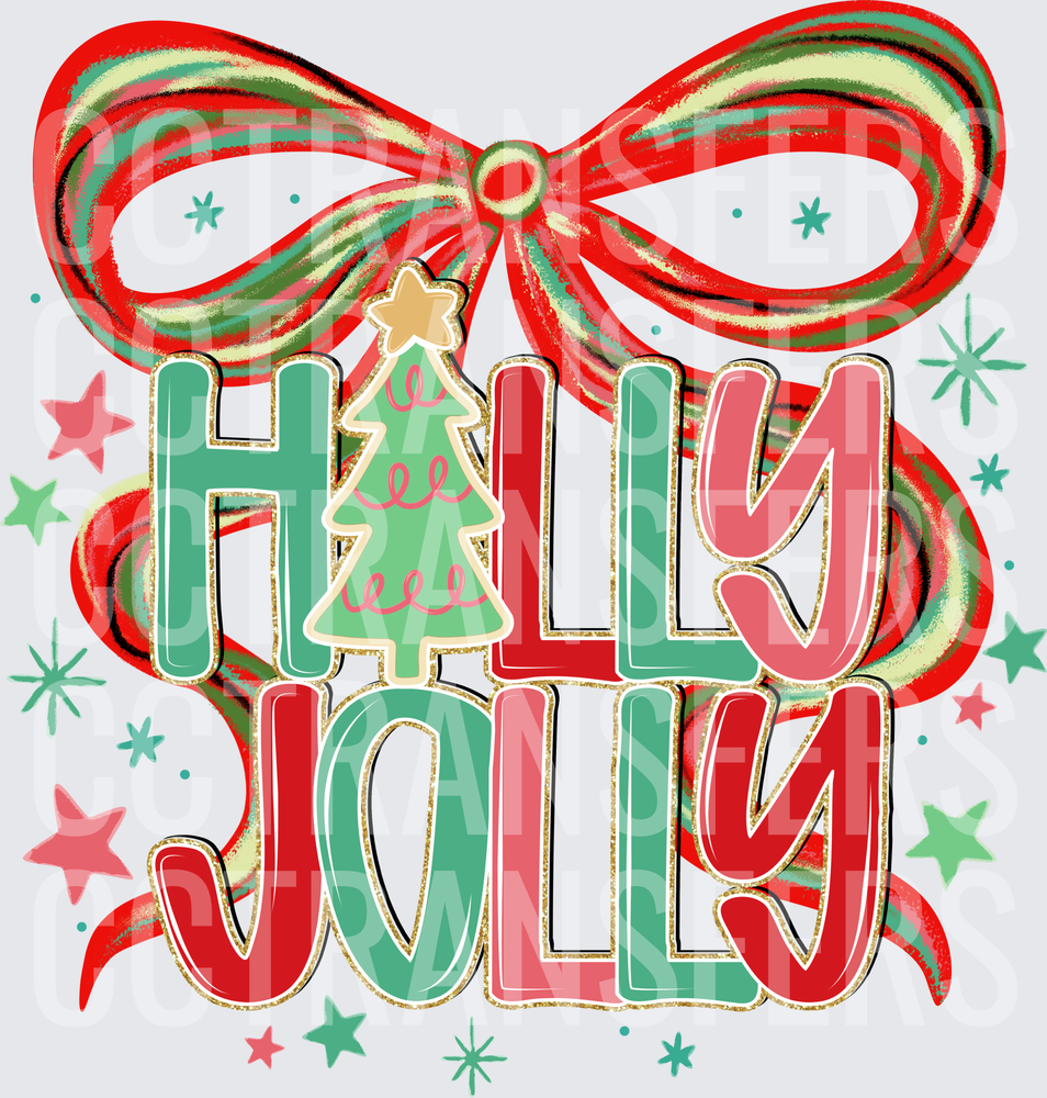 Holly Jolly Christmas Bow Tree Stars Holiday (DTF)